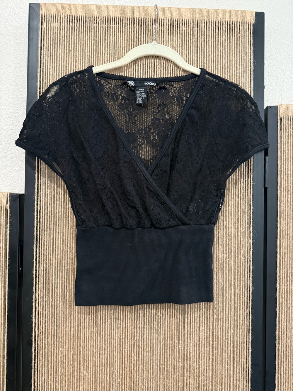 Eckored Black Lace Wrap-Style Short Sleeve Top